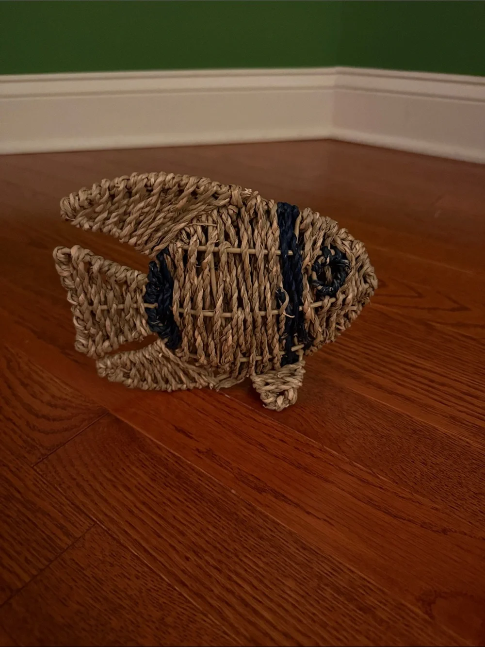 Woven Seagrass Fish Toy for Pets - Natural Brown with Navy Detail